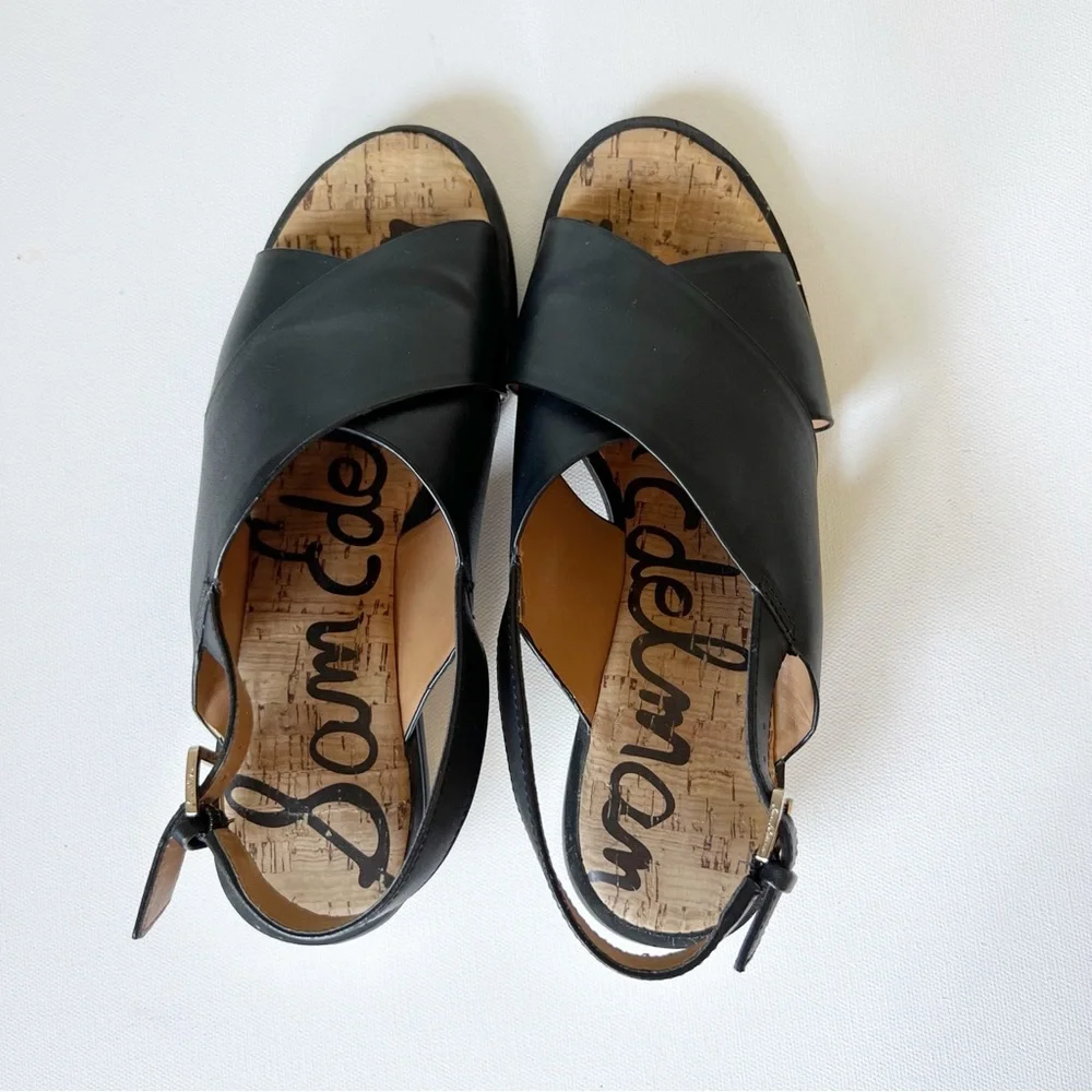 SAM EDELMAN Black Faux Leather Sandals with Gold Heels.